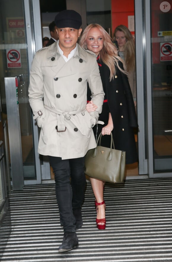 Exclusif - Emma Bunton et son compagnon Jade Jones quittent les studios de la BBC à Londres, le 23 mars 2019.