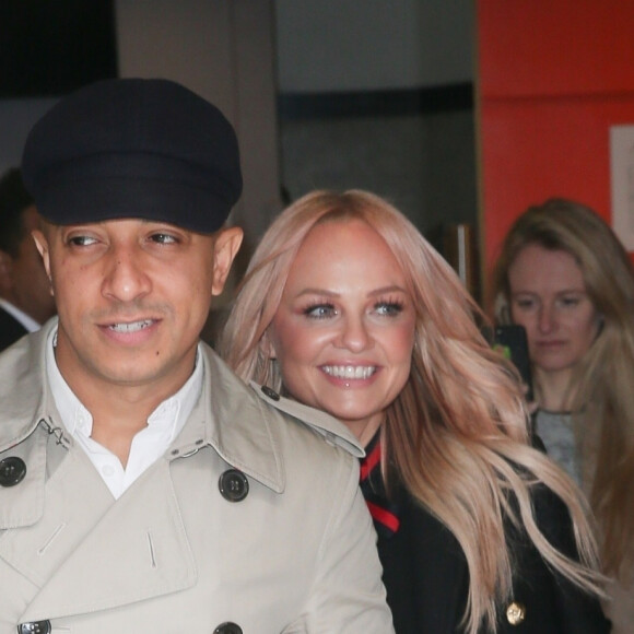 Exclusif - Emma Bunton et son compagnon Jade Jones quittent les studios de la BBC à Londres, le 23 mars 2019.