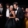 Andrew Wyatt, Anthony Rossomando, Lady Gaga et Mark Ronson - Backstage de la 91e Cérémonie des Oscars au Dolby Theatre à Los Angeles. Le 24 février 2019.