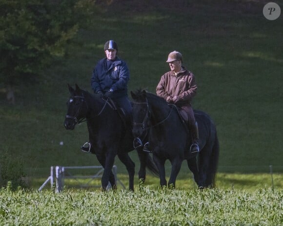 Le prince Andrew, duc d'York, fait du cheval avec Terry Pendry à Home Park à Windsor, le 19 octobre 2019.