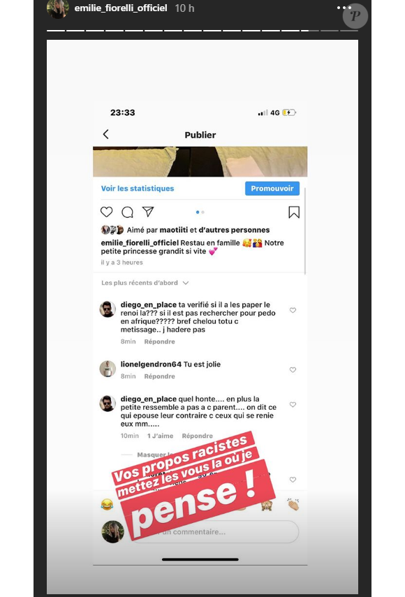 Emilie Fiorelli reçoit des commentaires racistes - Story Instagram, 21 novembre 2019