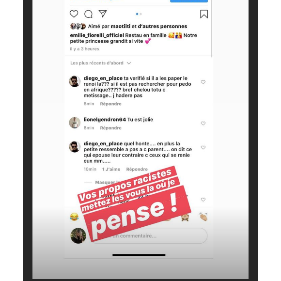 Emilie Fiorelli reçoit des commentaires racistes - Story Instagram, 21 novembre 2019