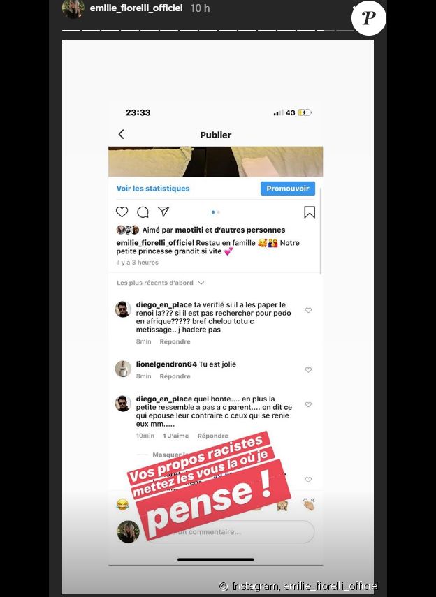 Emilie Fiorelli reçoit des commentaires racistes - Story Instagram, 21 novembre 2019