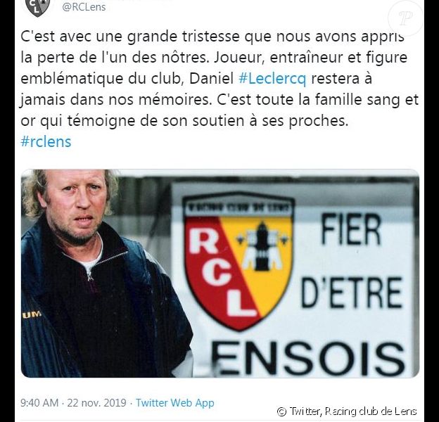 Le Racing Club de Lens a annoncé la mort de son ancien joueur et entraîneur Daniel Leclercq le 22 novembre 2019. 