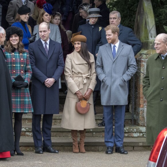 Kate Catherine Middleton, enceinte et le prince William, duc de Cambridge avec le prince Harry et sa fiancée Meghan Markle, le prince Philip Duc d'Édimbourg - La famille royale d'Angleterre arrive à l'église St Mary Magdalene pour la messe de Noël à Sandringham le 25 décembre 2017