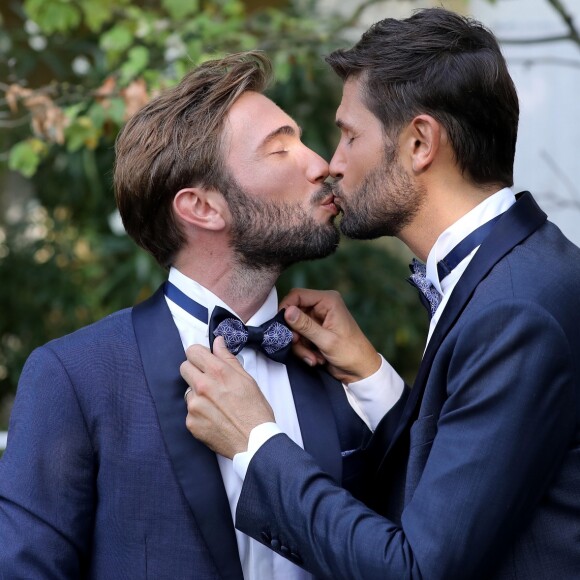 Exclusif - Cérémonie du mariage de Christophe Beaugrand et de Ghislain Gerin au Domaine de Blanche Fleur à Châteauneuf-de-Gadagne le 28 juillet 2018. © Dominique Jacovides/Bestimage