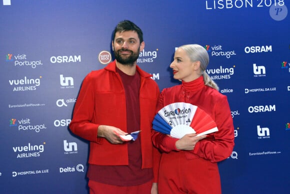 Le groupe Madame Monsieur (composé d'Emilie Satt et Jean-Karl Lucas) qui représente la France à l'Eurovision 2018. Lisbonne. Le 6 mai 2018.