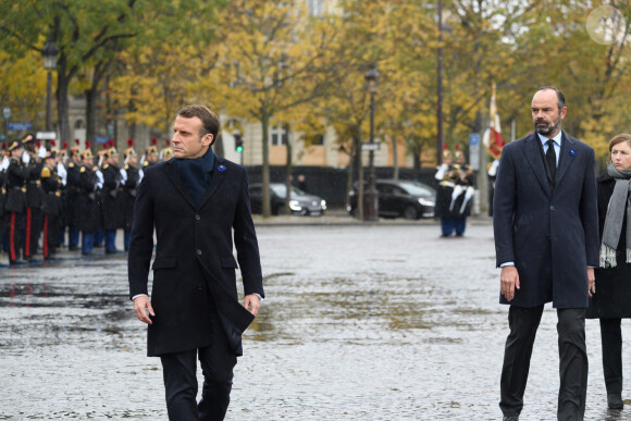 Emmanuel Macron, Edouard Philippe - Cérémonie du 101ème anniversaire de l'Armistice à l'Arc de Triomphe à Paris le 11 novembre 2019. © Jacques Witt/Pool/Bestimage