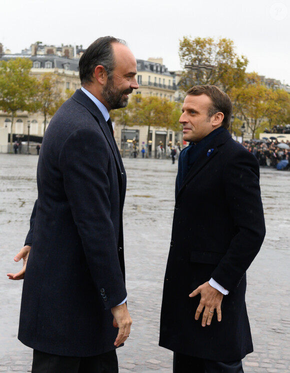 Edouard Philippe, Emmanuel Macron - Cérémonie du 101ème anniversaire de l'Armistice à l'Arc de Triomphe à Paris le 11 novembre 2019. © Jacques Witt/Pool/Bestimage