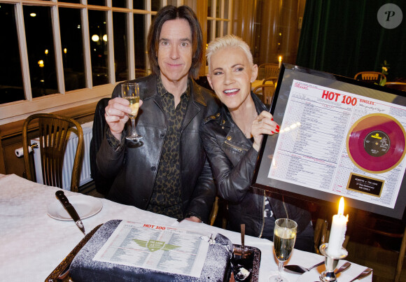 Per Gessle et Marie Fredriksson du groupe Roxette fêtent les 25 ans de leur tube "The Look" à Stockholm, le 8 avril 2014.