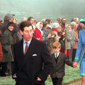 Sarah Ferguson, le prince Andrew, Diana, son fils Harry, le prince Charles et le prince Philip à Sandringham, en 1991.