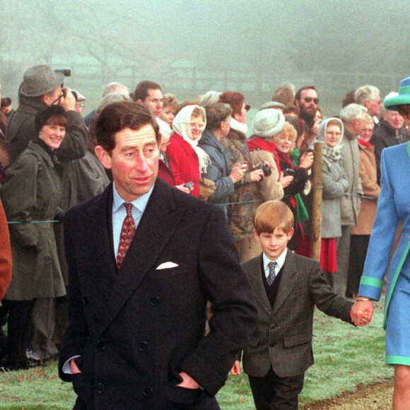 Sarah Ferguson, le prince Andrew, Diana, son fils Harry, le prince Charles et le prince Philip à Sandringham, en 1991.