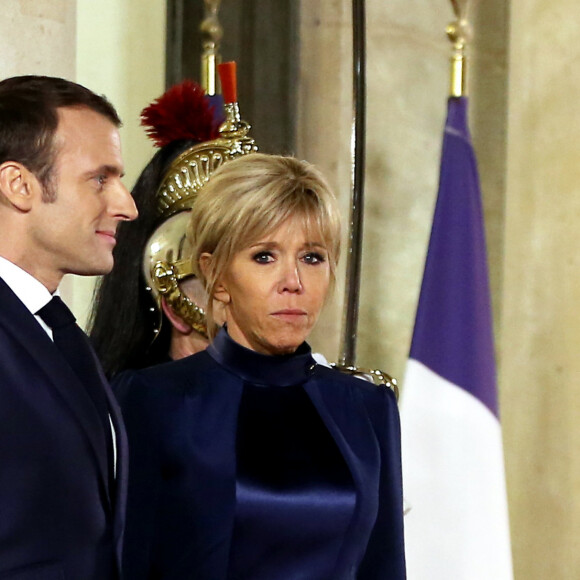 Le président de la République française Emmanuel Macron et sa femme la première dame Brigitte Macron (Trogneux) pour le dîner officiel en l'honneur du président de l'État d'Israël et sa femme la Première Dame au Palais de l'Elysée à Paris, France, le 23 janvier 2019. © Dominique Jacovides/Bestimage