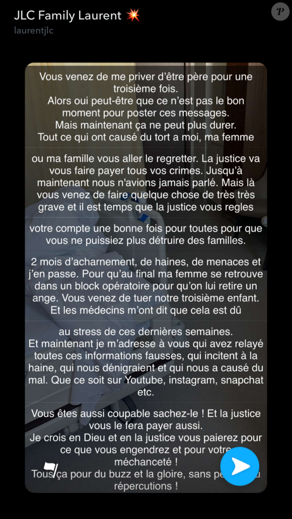 Laurent pousse un gros coup de gueule après la fausse couche de Jazz sur Snapchat le 26 décembre 2019.