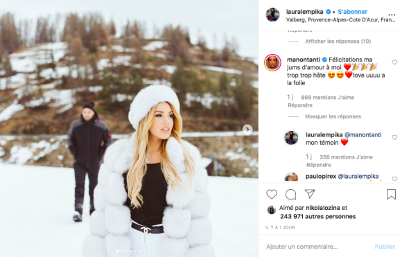 Laura Lempika révèle que Manon Marsault sera son témoin de mariage, le 25 décembre 2019 sur Instagram.