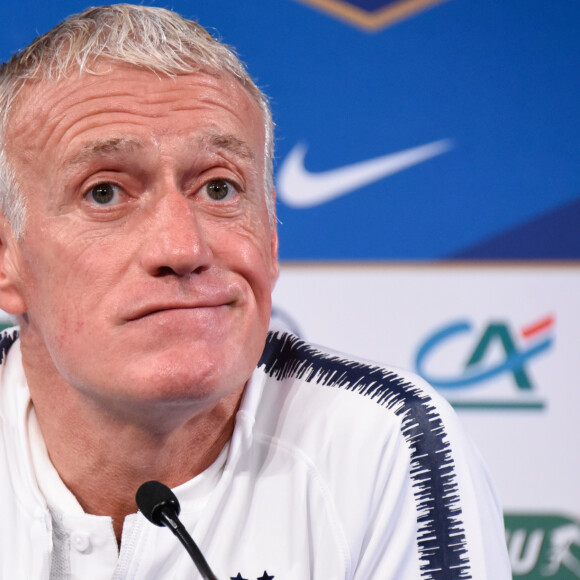 Didier Deschamps (sélectionneur de l'équipe de France) en conférence de presse à l'auditorium du Stade de France. Saint-Denis, le 13 octobre 2019.