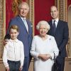 La reine Elisabeth II d'Angleterre, Le prince Charles, prince de Galles, Le prince William, duc de Cambridge, Le prince George de Cambridge au palais de Buckingham, portrait officiel pour célébrer le passage en 2020. © Ranald Mackechnie via Bestimage