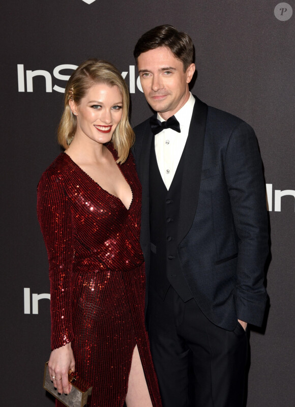 Ashley Hinshaw et son mari Topher Grace - Photocall de la soirée "Warner InStyle Golden Globes After Party" au Beverly Hilton Hotel à Beverly Hills. Le 6 janvier 2019