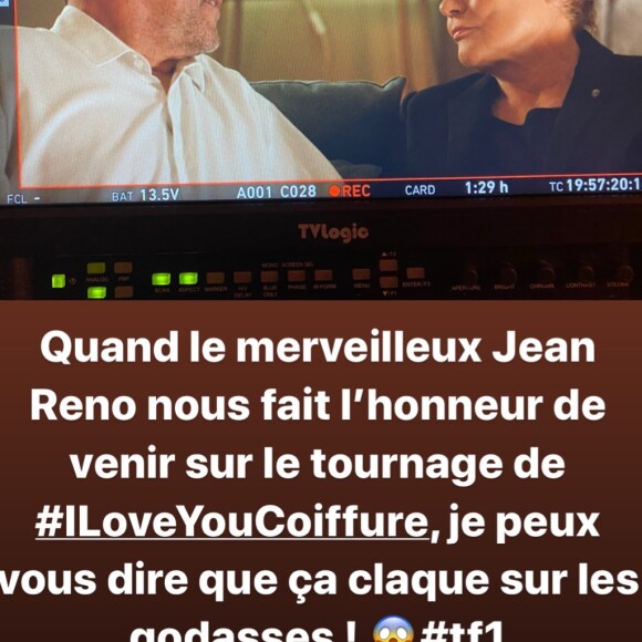 Muriel Robin et Jean Reno sur le tournage d'I love you coiffure (TF1), le 8 janvier 2020.