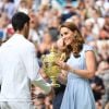 Finale homme du tournoi de Wimbledon "Novak Djokovic - Roger Federer (7/6 - 1/6 - 7/6 - 4/6 - 13/12)" à Londres. Catherine (Kate) Middleton, duchesse de Cambridge, est venue remettre les trophées aux joueurs. Londres, le 14 juillet 2019.
