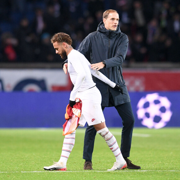 Neymar et Thomas Tuchel lors du match de Champions League "PSG - Galatasaray (5-0)" au Parc des Princes à Paris, le 11 décembre 2019.