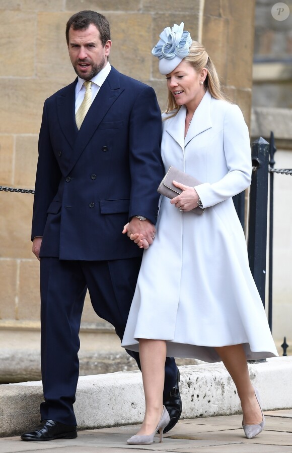 Peter et Autumn Phillips - La famille royale d'Angleterre célèbre le dimanche de Pâques dans la Chapelle Saint-Georges de Windsor le 31 mars 2018.