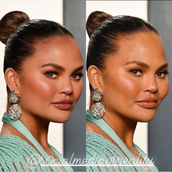 Chrissy Teigen prise en flagrand délit de Photoshop- avant/après de ses photos à la soirée Vanity Fair post Oscars, le 11 février 2020.