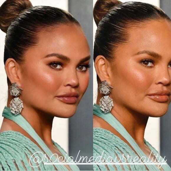 Chrissy Teigen prise en flagrand délit de Photoshop- avant/après de ses photos à la soirée Vanity Fair post Oscars, le 11 février 2020.