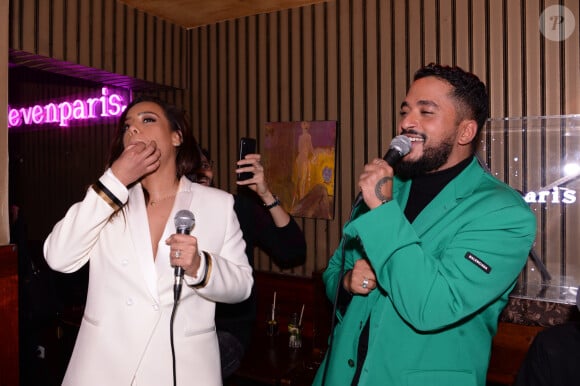 Exclusif - Amel Bent et Slimane (Slimane Nebchi) lors de la soirée Eleven Paris x Amel Bent : I Found Love au bar de nuit musical L'Orphée, dans le 9e arrondissement de Paris, France, le 25 février 2020. © Rachid Bellak/Bestimage