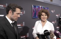 Fanny Ardant et Nicolas Bedos au micro de Purepeople.com après leur sacre aux César 2020, le 28 février 2020.