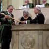 Marc Ladreit de Lacharrière a remis son épée d'académicien à Gérard Garouste lors de son installation officielle à l'Académie des beaux-arts en octobre 2019.