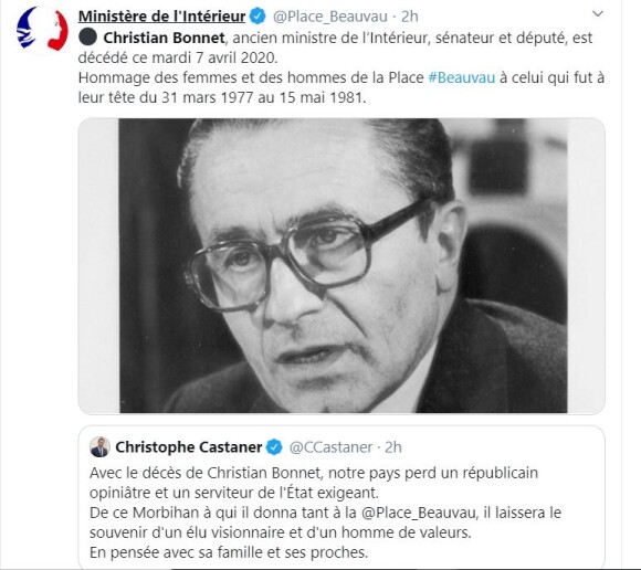 Le ministère de l'Intérieur a rendu hommage à Christian Bonnet sur Twitter, le 8 avril 2020.