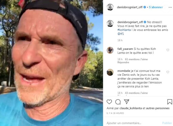 Denis Brogniart rassure ses fans qui pensent qu'il quitte la présentation de "Koh-Lanta", dans une vidéo publiée sur Instagram le 20 juin 2020.