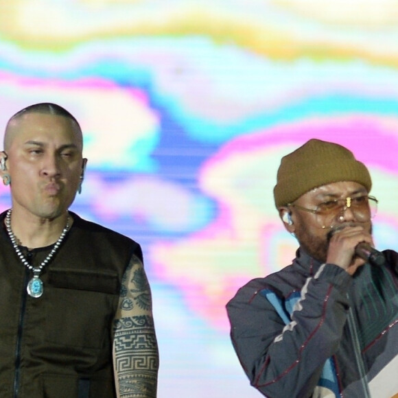 Le groupe "The Black Eyed Peas" (Will.I.am, Taboo et apl.de.ap) en concert au Parque Olimpico lors du festival "Rock in Rio 2019" à Rio, le 5 octobre 2019.