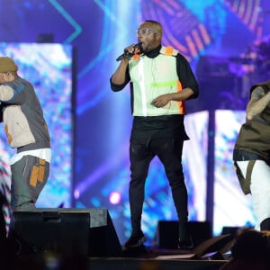 Le groupe "The Black Eyed Peas" (Will.I.am, Taboo et apl.de.ap) en concert au Parque Olimpico lors du festival "Rock in Rio 2019" à Rio, le 5 octobre 2019.