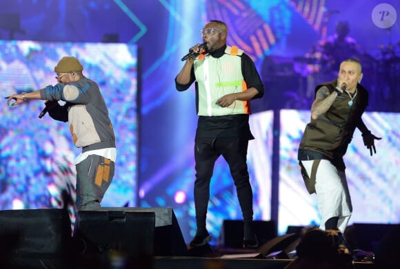 Le groupe "The Black Eyed Peas" (Will.I.am, Taboo et apl.de.ap) en concert au Parque Olimpico lors du festival "Rock in Rio 2019" à Rio, le 5 octobre 2019.