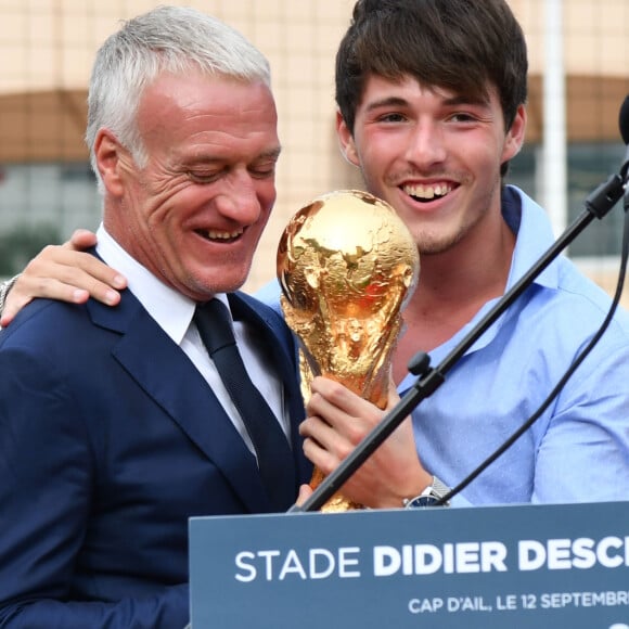 Didier et Dylan Deschamps durant l'inauguration du Stade de football Didier Deschamps à Cap d'Ail le 12 septembre 2018. © Bruno Bebert / Bestimage