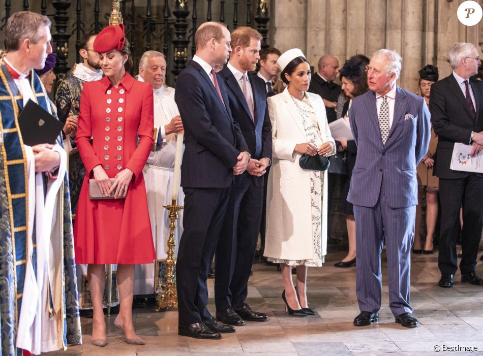 Catherine Kate Middleton, duchesse de Cambridge, le prince William, duc de Cambridge, le prince Harry, duc de Sussex, Meghan Markle, enceinte, duchesse de Sussex, le prince Charles, prince de Galles lors de la messe en l&#039;honneur de la journée du Commonwealth à l&#039;abbaye de Westminster à Londres le 11 mars 2019.