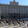 Vue aérienne, le 16 juillet 2020, de la cérémonie d'hommage national aux victimes du coronavirus, sur la place de l'Armurerie au palais royal, à Madrid, en présence du roi Felipe VI d'Espagne, de la reine Letizia et de leurs filles la princesse Leonor des Asturies et l'infante Sofia.