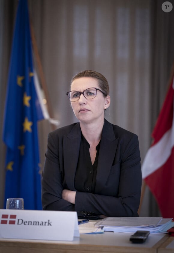 Epidémie de Coronavirus (Covid-19) - G7 - La Première ministre du Danemark Mette Frederiksen lors d'une réunion vidéo avec les chefs d'État de l'UE, au domicile des premiers ministres Marienborg à Kongens Lyngby, au nord de Copenhague, Danemark, le jeudi 23 avril 2020.