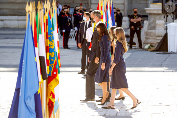 Le roi Felipe VI, la reine Letizia et leurs filles la princesse Leonor et la princesse Sofia d'Espagne - La famille royale d'Espagne lors de la commémoration en hommage aux victimes du Coronavirus (COVID-19) à Madrid. Le 16 juillet 2020
