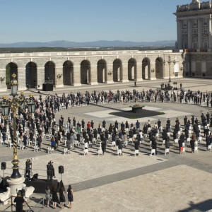 Le roi Felipe VI et la reine Letizia d'Espagne, La princesse Leonor, L'infante Sofia d'Espagne - Funérailles d'État honorant les victimes de l'épidémie de Coronavirus (COVID-19) au Palais Royal à Madrid le 16 juillet 2020.