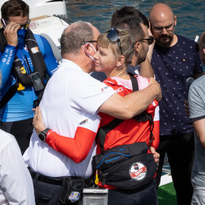 La famille princière de Monaco au départ de la 3ème édition de la course "The Crossing : Calvi-Monaco Water Bike Challenge". Ce défi caritatif organisé par la Fondation Princesse Charlène se déroule les 12 et 13 septembre. Deux équipes de quatre athlètes, parmi lesquels la Princesse et son frère Gareth Wittstock, secrétaire général de la fondation, vont se relayer en water bike durant 24h pour relier les 180km qui séparent Calvi de Monaco. Calvi, le 12 septembre 2020. © Olivier Huitel/Pool Monaco/Bestimage