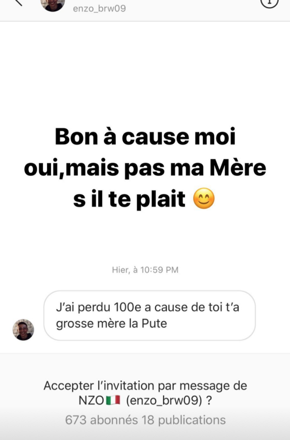 Gaël Monfils a reçu de nombreux messages d'insultes après sa défaite en 32e de finale du Masters 1000 de Rome, face à l'Allemand Dominic Koepfer. Story Instagram du jeudi 17 septembre 2020.
