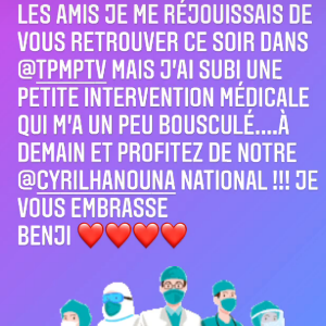 Benjamin Castaldi dévoile sur Instagram le 5 octobre 2020 qu'il a subi une "intervention médicale"