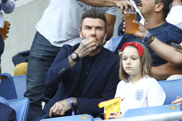 David Beckham et sa fille Harper Seven Beckham - Norvège vs Angleterre (0 - 3) - Quarts de finale- Coupe du Monde Feminine, Le Havre, le 27 juin 2019. 