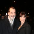 Samuel Labarthe et sa femme Helene Medigue arrivent à l'avant-première du film 'The Monuments men' à l'UGC Normandie sur les Champs-Elysées à Paris le 12 Février 2014.
