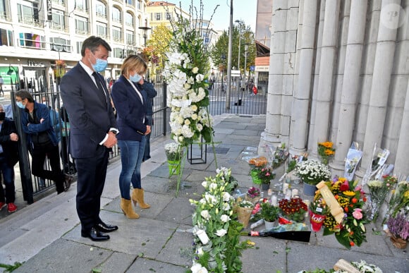 Christian Estrosi, le maire de Nice, et sa femme Laura Tenoudji Estrosi sont venus se recueillir sur le parvis de la Basilique Notre Dame de l'Assomption, le 30 octobre 2020, le lendemain de l'attentat qui a coûté la vie à 3 personnes. © Bruno Bebert / Bestimage 