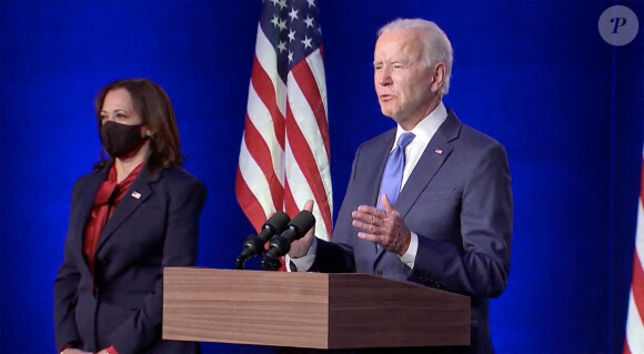Le candidat démocrate à la présidence Joe Biden prononçant un discours à Wilmington le 6 novembre 2020. Ici avec Kamala Harris.