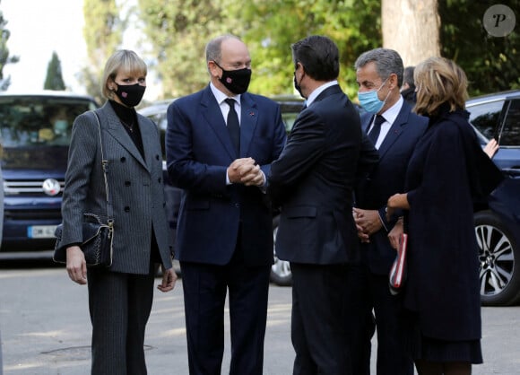 La princesse Charlène de Monaco, le prince Albert II, Christian Estrosi, maire de Nice, sa femme Laura, Nicolas Sarkozy - Cérémonie d'hommage national aux victimes de l'attentat terroriste du 29 octobre 2020 au sommet de la Colline du Château à Nice le 7 novembre 2020.  © Jean-François Ottonello/ Nice Matin / Bestimage